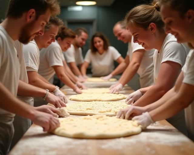 Partecipanti a un corso di pizza che stendono l'impasto.