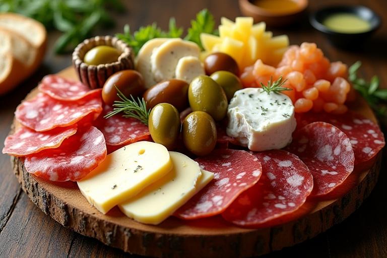 Un tagliere di antipasti misti con salumi e formaggi.