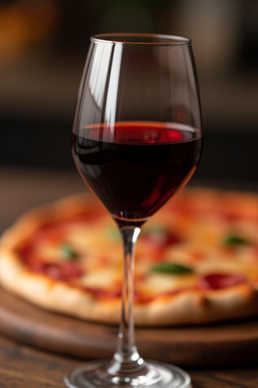 Un calice di vino rosso davanti a una pizza.