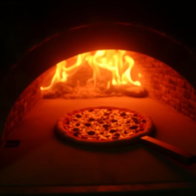 Il forno a legna con una pizza in cottura.