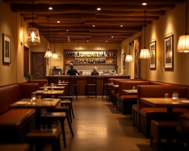 Interno del ristorante con tavoli in legno e luci calde.